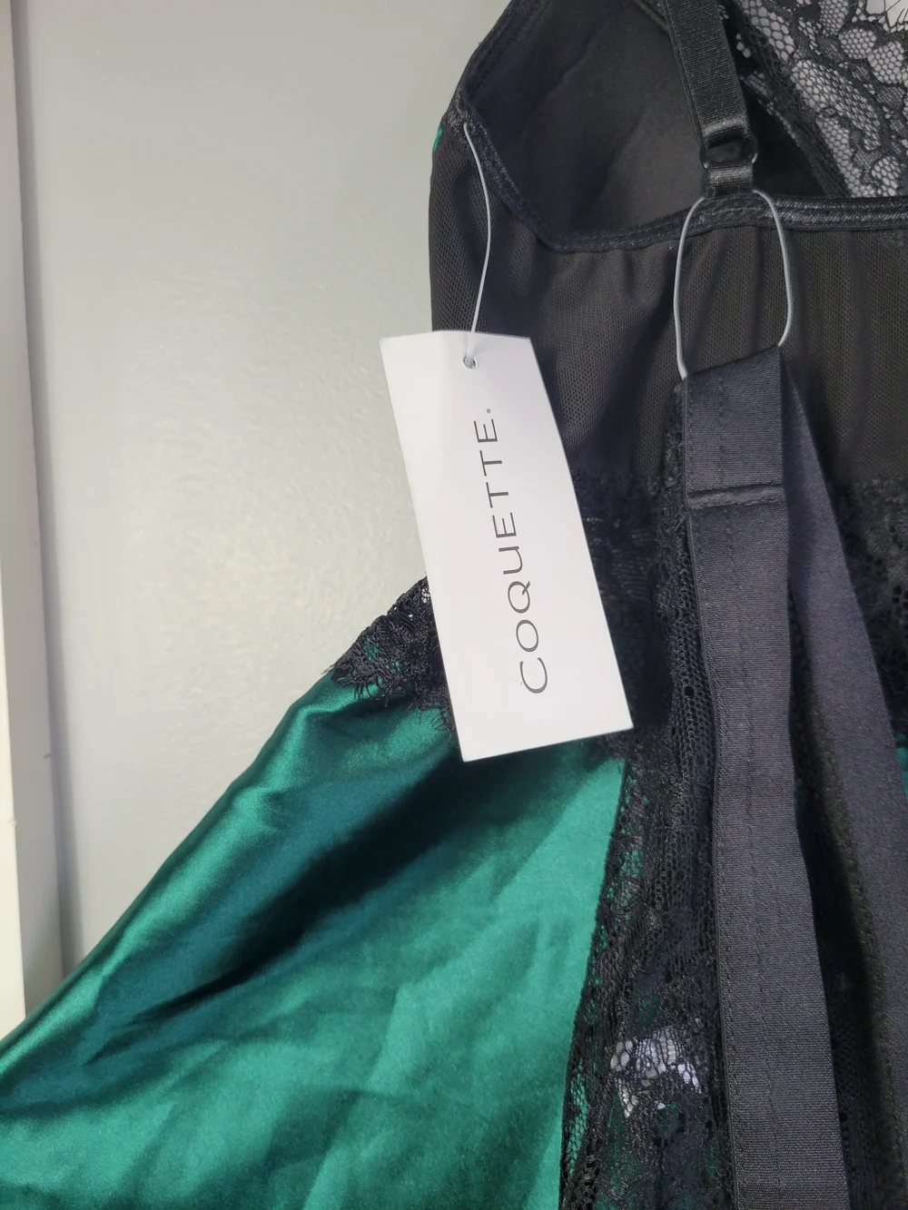 Emerald Satin & Black Lace Babydoll Chemise